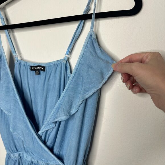 Light Denim Blue Rayon V-Neck Faux Wrap Ruffle Spaghetti Adj Strap Blouse Med - Picture 5 of 12